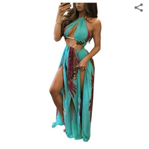 Photo 1 of BIUBIU Women's Boho Floral Halter Summer Beach Party Split Cover Up Dress Size Small