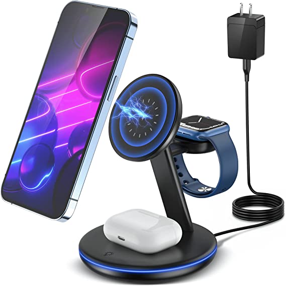 Photo 1 of Magnetic Wireless Charging Station for Apple Series, 3-in-1 Standard 15W Fast Mag-Safe Charger Stand with QC3.0 Adapter, for iPhone 14,13,12 Pro Max/Pro/Mini/Plus, iWatch Ultra/8/7/6/5/4/3/2, AirPods…
