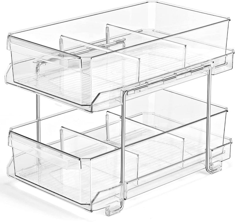 Photo 1 of 2 Tier Clear Organizer with Dividers, Multi-Purpose Slide-Out Storage Container, Bathroom Vanity Counter Organizing Tray, Under Sink Closet Organization, Kitchen Pantry Medicine Cabniet Storage Bins
