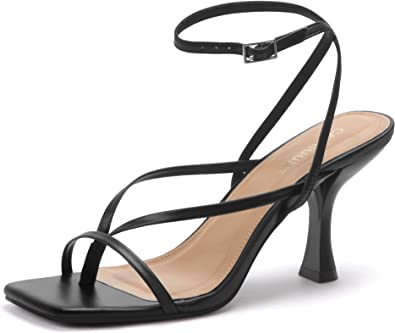 Photo 1 of Carcuume Womens Kitten Heels Square Toe Thong Strappy Ankle Strap Stiletto Heel Sandals