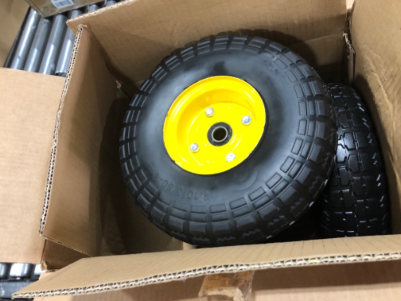 Photo 3 of 4.10/3.50-4 tire and Wheel,10" Flat Free Solid Tire Wheel with 5/8" Bearings,2.1" Offset Hub,for Gorilla Cart,Garden Carts,Dolly,Trolley,Dump Cart,Hand Truck/Wheelbarrow/Garden Wagon (4-Pack)