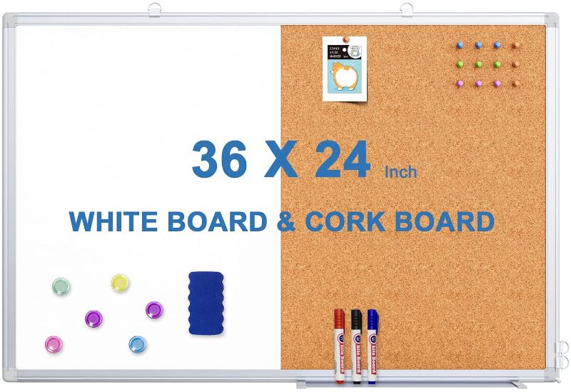 Photo 1 of Dry Erase Board and Cork Board Combo, Magnetic White Board Combination Bulletin Board for Office Wall, 36 x 24 Inches Push Pin Whiteboard Vision Board for Home Office with 3 Marker 1 Erase 6 Magnet