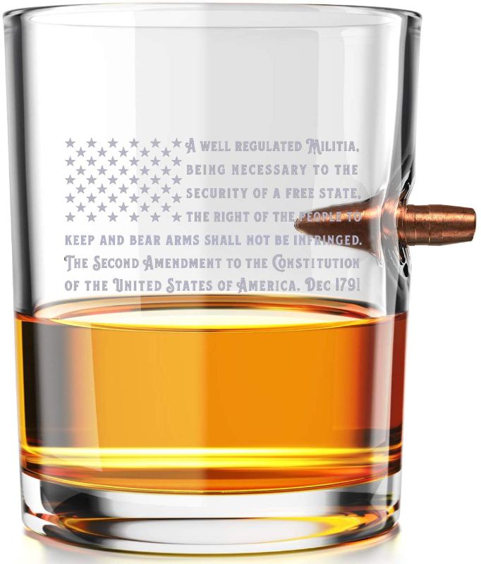 Photo 1 of 4 2nd Amendment American Flag - .308 Real Bullet Hand Blown Old Fashioned Whiskey Rocks Glasses and a wooden 2nd amendment sign.