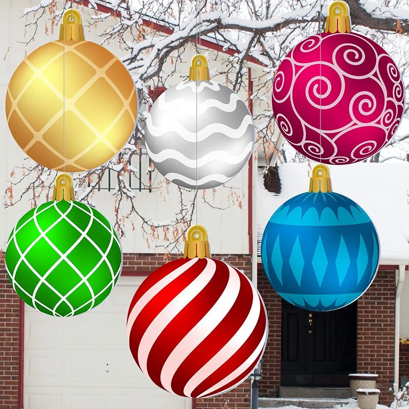 Photo 1 of 6 Pieces Christmas Hanging Decorations Yard Ornaments 23 Inch Lawn Hanging Ornaments Plastic Christmas Decorations Outdoor Holiday Large Ball Tree Decorations for Xmas Christmas Party Porch Home 