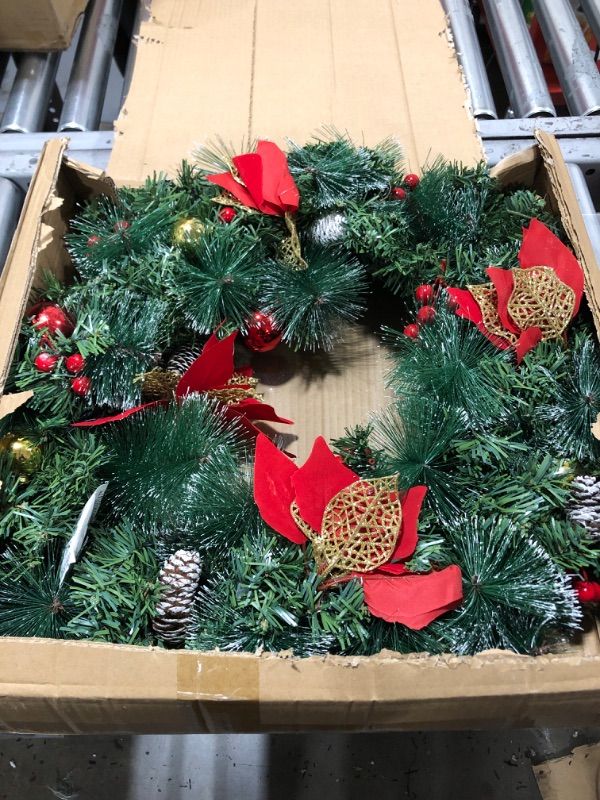 Photo 1 of [Timer & Super Large Thick] 26 Inch Prelit Frosted Christmas Wreath Decoration with 80 Colorful Lights 8 Balls 4 Poinsettia 200 Tips 50 Berry 10 Pinecon Battery Operate Xmas Decor Front Door Outdoor Colorful Light 26 Inch