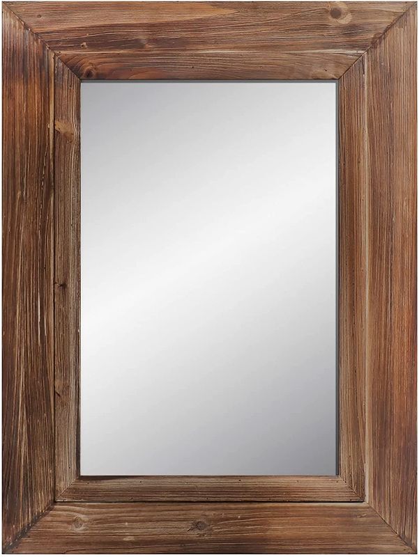 Photo 1 of 24x32 Dark Wood Farmhouse Wall Mirror, Wooden Large Rustic Wall Mirror, Bedroom Mirrors for Wall Decor, Decorative Dark Wood Wall Mirror Living Room or Bathroom Vanity, Brown
