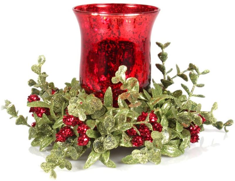 Photo 1 of 7 inch Mistletoe Floral Red Tea Light Candle Holder Set
