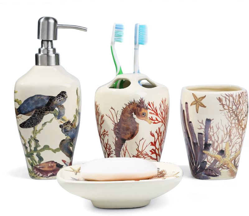 Photo 1 of  Sea Turtle Seahorse Sea Coral Starfish Ceramic Bathroom Accessories Set of 4:1 Gargle Cups,1 Toothbrush Holders,1 Soap Dishes,1 Soap Dispenser
