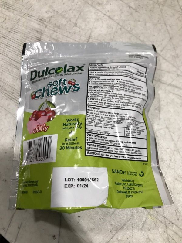 Photo 2 of Dulcolax Soft Chews Saline Laxative Gentle Constipation Relief, Magnesium Hydroxide 1200mg, 60 Count, Black Cherry Flavor Adult Black Cherry 60 Count (Pack of 1)