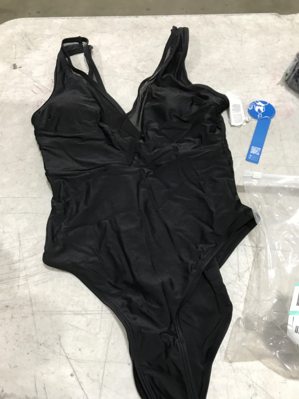 Photo 2 of  One Piece Swimsuit for Woman Bathing Suit Mesh V Neck Crossciss Fixed Wide Straps Mid Cut Black Medium