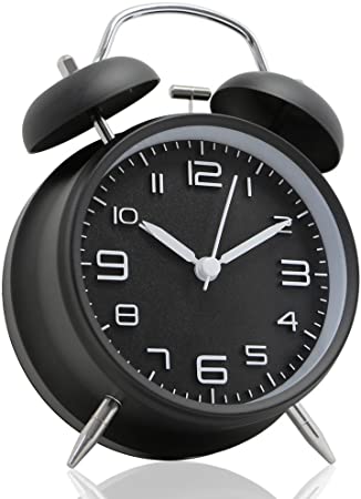 Photo 1 of  [Non-Ticking 4" Twin Bell Alarm Clock - Metal Frame 3D Dial with Backlight Function - Desk Table Clock for Home and Office - Midnight Black