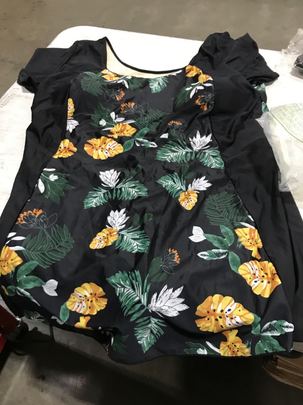 Photo 2 of  Womens One Piece Shaping Swim Dress with Boyshort Short Sleeve Swimdress Bathing Suit SIZE 26 Plus Black Flower