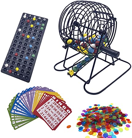 Photo 1 of Deluxe Bingo Game Set with 6 Inch Bingo Cage, Bingo Master Board,75 Colored Balls with a Bag, 50 Bingo Cards, and 500 6 Color Mix Bingo Chips with a Bag, Ideal for Large Groups