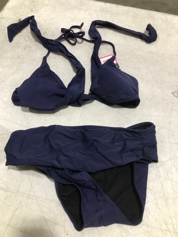 Photo 2 of  Women Push Up Bikini Wrap Halter Bandage Swimwear Ruched 2 Piece Swimsuit Deep Blue X-Large