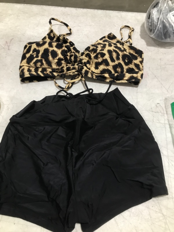 Photo 2 of  Women's Ruched Bikini Swimsuit 2 Piece High Waisted Athletic Shorts Bathing Suit Leopard and Black Small