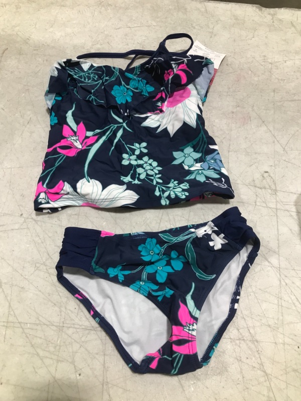 Photo 2 of  Girls' Charlotte Flounce Tankini Beach Sport 2-Piece Swimsuit SIZE 8 Paige Navy Floral