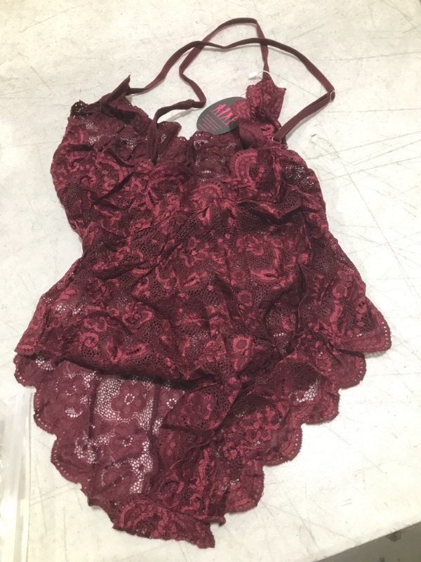 Photo 2 of  Women One Piece Lingerie Deep V Teddy Sexy Lace Bodysuit Small Burgundy Red SIZE SMALL