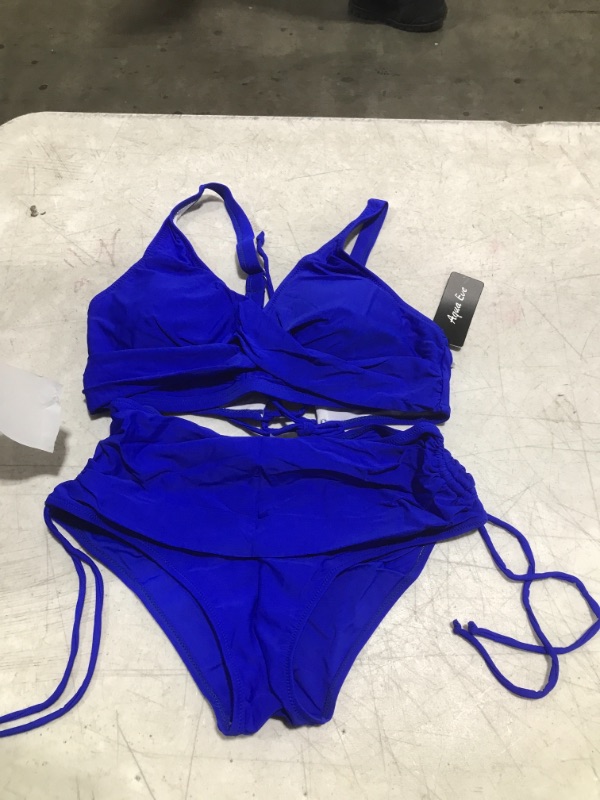 Photo 2 of Aqua Eve Women High Waisted Bikini Twist Front Swimsuits Lace up Bikini Tops Ruched Push up 2 Piece Bathing Suits Large Royal Blue