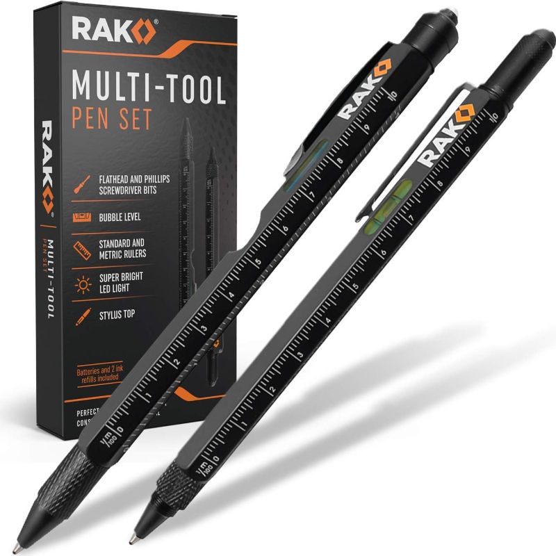 Photo 1 of RAK Multi-Tool 2Pc Pen Set - LED Light, Touchscreen Stylus, Ruler, Level, Bottle Opener, Phillips Screwdriver, Flathead, and Ballpoint Pen
