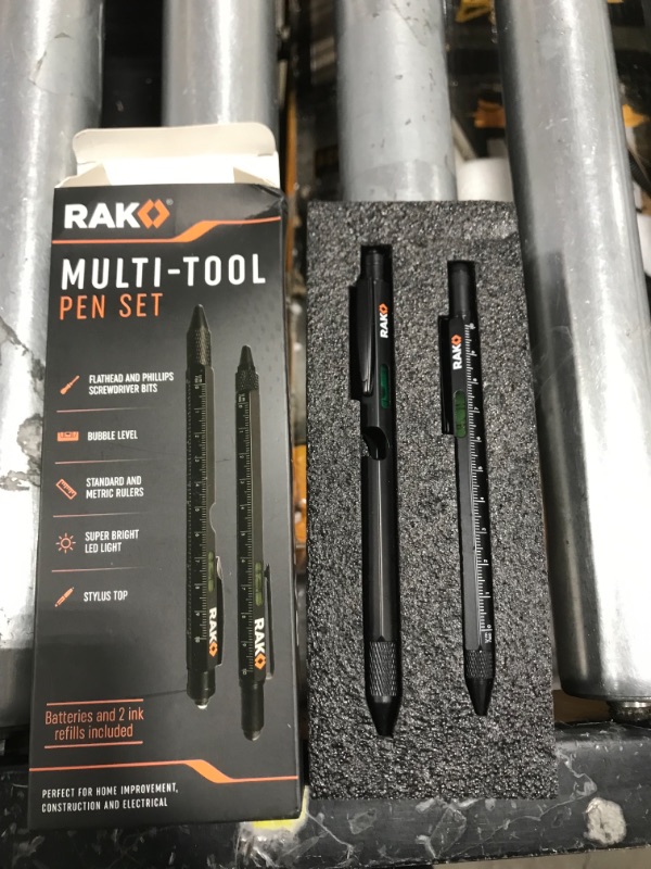 Photo 2 of RAK Multi-Tool 2Pc Pen Set - LED Light, Touchscreen Stylus, Ruler, Level, Bottle Opener, Phillips Screwdriver, Flathead, and Ballpoint Pen
