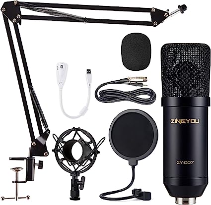 Photo 1 of ZINGYOU Condenser Microphone Computer Mic Kit ZY-007 Professional Studio Recording Bundle for Streaming Gaming Broadcasting Singing Videos with Arm Stand Shock Mount Pop Filter and Sound Adapter
