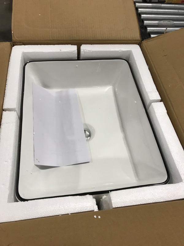 Photo 2 of White Ceramic Bathroom Sink, 19" x 15" Above Counter Porcelain Vessel Sink with Black Faucet and Pop up drain Combo, Rectangle Rectangle White