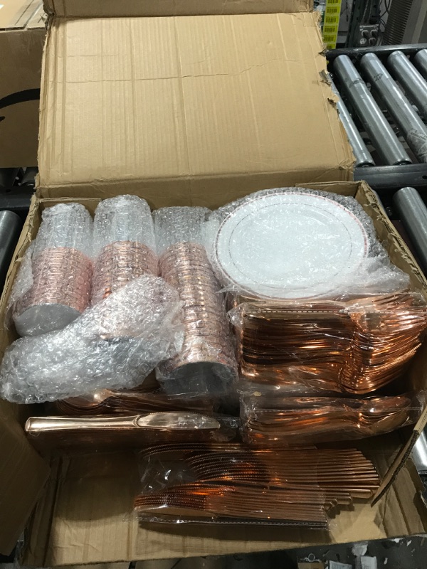 Photo 2 of 350 Piece Rose Gold Dinnerware Set - 50 Guest Rose Gold Plastic Plates - 50 Rose Gold Plastic Silverware - 50 Rose Gold Cups - 50 Linen Like Rose Gold Napkins, Disposable Rose Gold Dinnerware Set