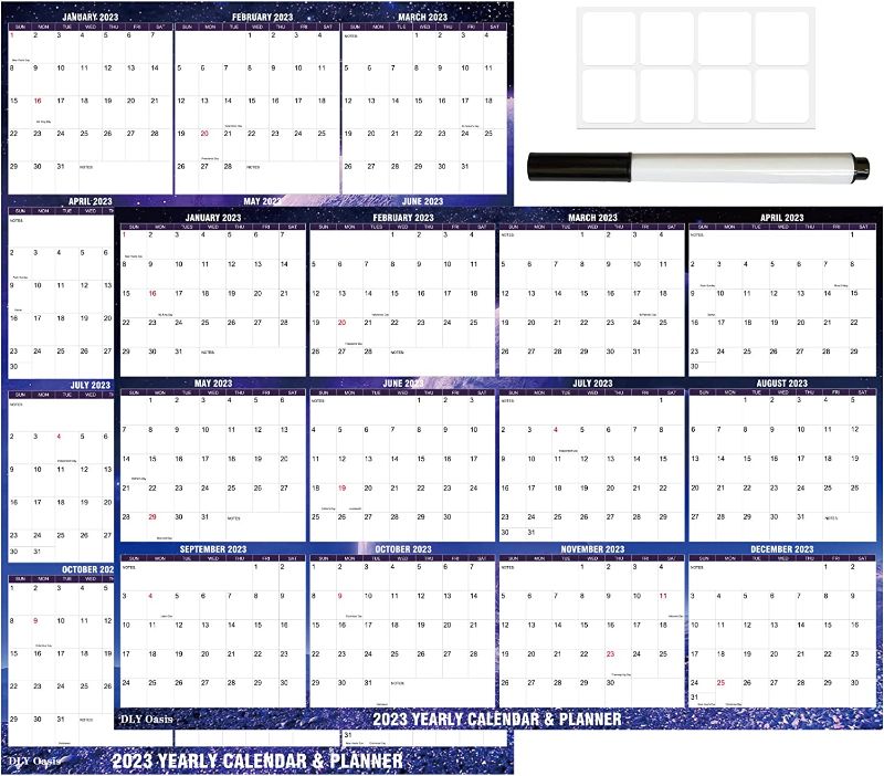 Photo 1 of 24" x 36" DLY Oasis 2023 Wall Calendar Dry Erase - Starry Sky Calendar Wet & Dry Erasable Laminated 12 Month Annual Yearly Planner, Reversible, Horizontal/Vertical (blue)