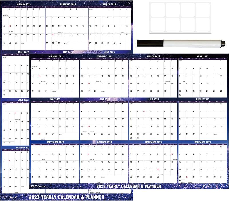 Photo 1 of 24" x 36" DLY Oasis 2023 Wall Calendar Dry Erase - Starry Sky Calendar Wet & Dry Erasable Laminated 12 Month Annual Yearly Planner, Reversible, Horizontal/Vertical (blue)