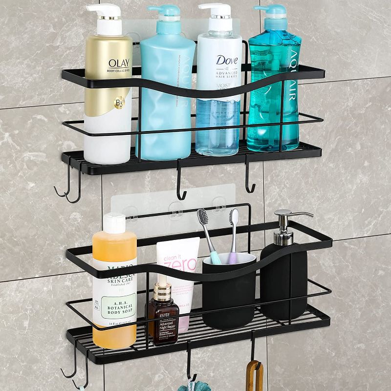 Photo 1 of AOZITA 2 Pack, Large Adhesive Shower Caddy Shelves with 8 Hooks - Wall Hanging Bathroom Organizer Basket for Shower Room - Shower Racks for Inside Shower Storage - SUS304 Stainless Steel, Matte Black
