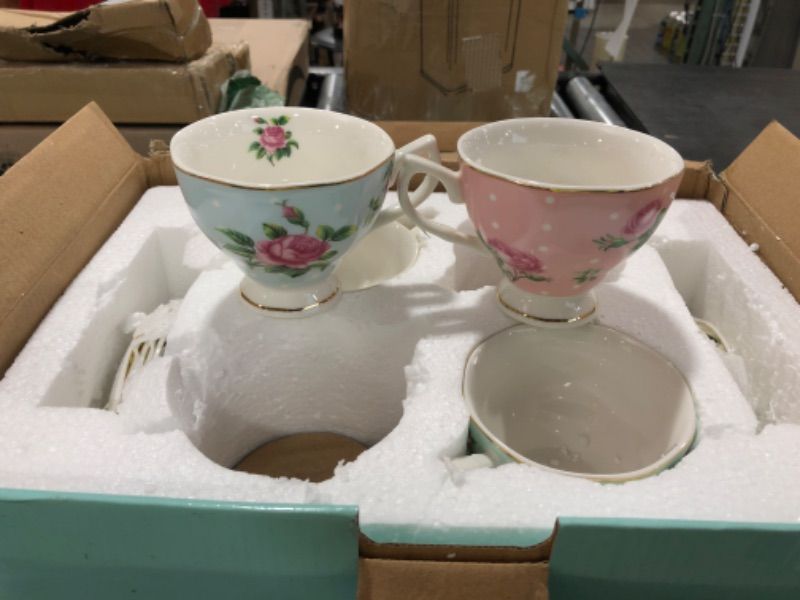 Photo 3 of BTaT- Floral Tea Cups and Saucers, Set of 8 (8 oz) Multi-Color with Gold Trim and Gift Box, Coffee Cups, Floral Tea Cup Set, British Tea Cups, Porcelain Tea Set, Latte Cups