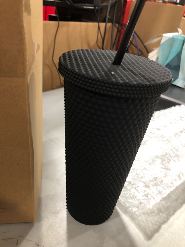 Photo 2 of 24Oz Studded Matte Black Tumbler, Reusable Plastic Cup, with Lid and Straw, Studded Double Venti Cup,Water Bottle, 100% BPA Free, Insulated Cold Only, Leak Proof, Wide Mouth for Easy Cleaning (Black)