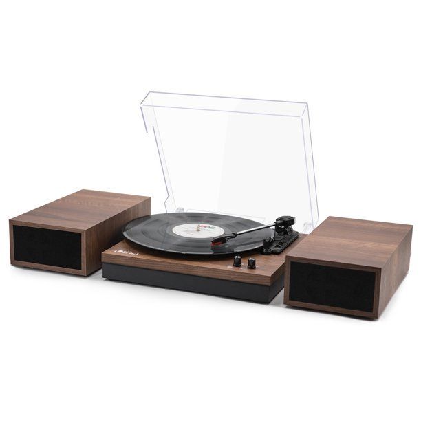 Photo 1 of LP&No.1 Bluetooth Vinyl Record Player with External Speakers, 3-Speed Belt-Drive Turntable for Vinyl Albums with Auto Off and Bluetooth Input DarkBrown Wood