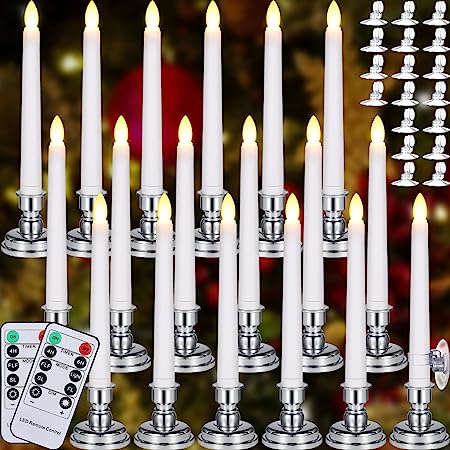 Photo 1 of 18 Pack Flameless Window Candles with Remote and Timer 7.9 Inches Battery Operated LED Taper Candles with Removable Candlesticks and Suction Cups Taper Candlesticks for Christmas (Silver Holder) 