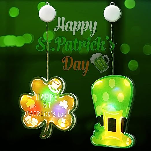 Photo 1 of 2 Pack St. Patrick's Day Decorations Window Lights with Suction Cups, Battery Operated Irish Saint Patricks Day Shamrocks Leprechaun Hat Lights with Timer for Window Wall Door Home Party Decorations 