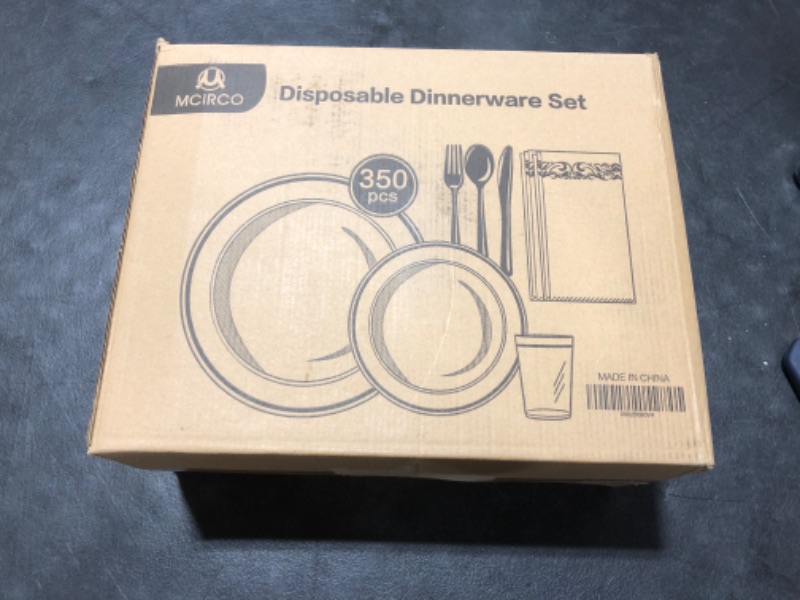 Photo 1 of 350 Piece MCIRCO Gold Dinnerware Set - 100 Gold Rim Plastic Plates - 50 Gold Plastic Silverware - 50 Gold Plastic Cups - 50 Linen Like Gold Paper Napkins, 50 Guest Disposable Gold Dinnerware Set
