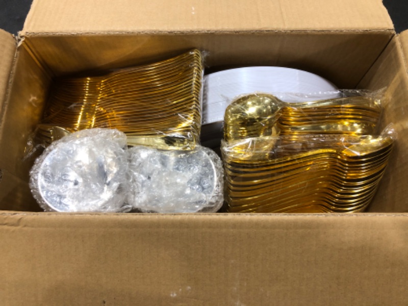 Photo 2 of 350 Piece MCIRCO Gold Dinnerware Set - 100 Gold Rim Plastic Plates - 50 Gold Plastic Silverware - 50 Gold Plastic Cups - 50 Linen Like Gold Paper Napkins, 50 Guest Disposable Gold Dinnerware Set