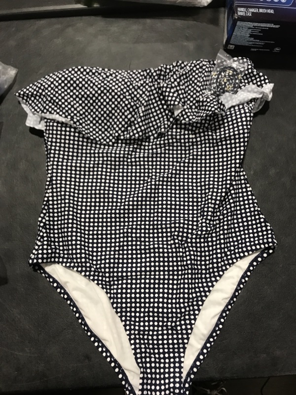 Photo 1 of  (X-Large) Navy Polka Dot Ruffle Swimsuit with Removable Straps (X-Large)