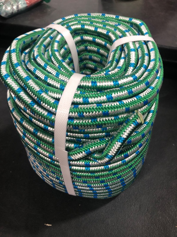 Photo 2 of 1/2 in 150 Ft Double Braided Polyester Rope, 16-Strand Polyester Arborist Tree Rope Heavy Duty Rope Thick Rope for Hiking, Camping, Lanyard Etc Green/White/Blue 150ft Green/white/blue