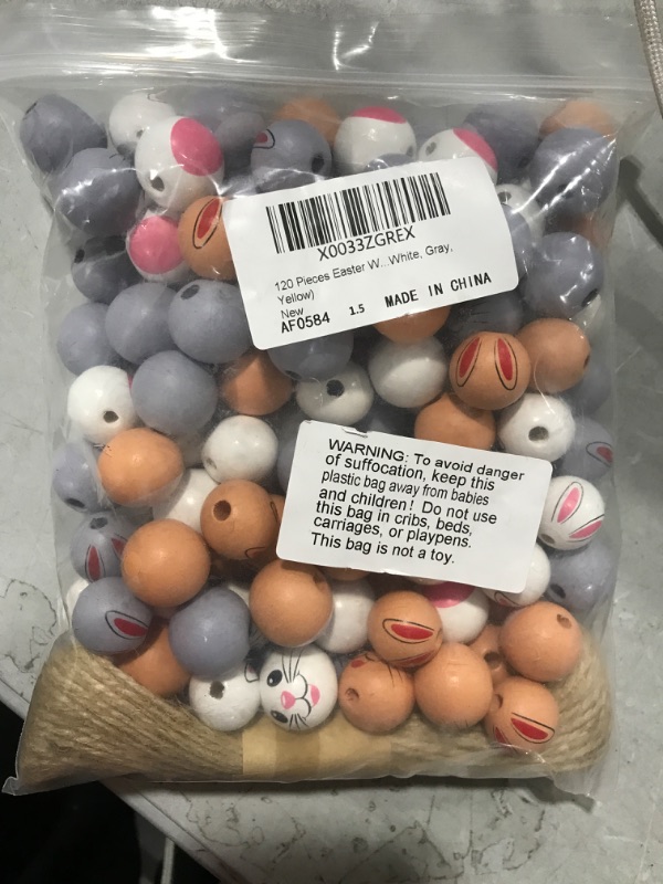 Photo 2 of 120 Pieces Easter Bunny Wooden Beads Spring Colored Craft Wood Bead Farmhouse Rustic Spring Beads Easter Beads for Jewelry Making DIY Spring Garland Home Party Decor Tiered Tray (White, Gray, Yellow)