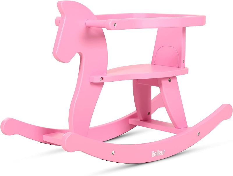 Photo 1 of Belleur Wooden Rocking Horse for Toddler 1-3 Year Old, Baby Wood Ride-on Toys with Removable Fence for Indoor & Outdoor Activities, Boys & Girls Rocking Animal for Birthday & Christmas Gift Pink