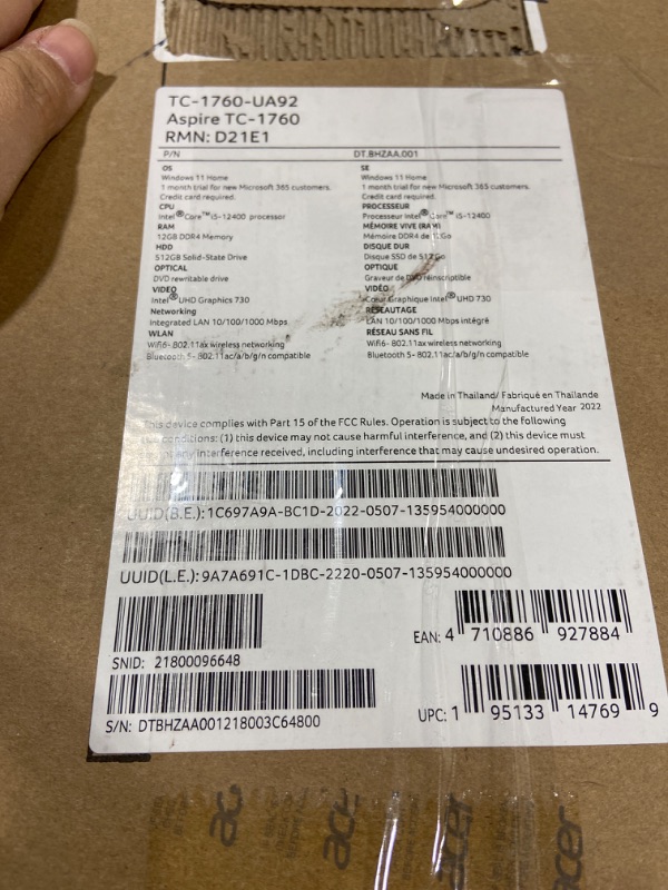 Photo 5 of Acer Aspire TC-1760-UA92 Desktop | 12th Gen Intel Core i5-12400 6-Core Processor | 12GB 3200MHz DDR4 | 512GB NVMe M.2 SSD | 8X DVD | Intel Wireless Wi-Fi 6 AX201 | Bluetooth 5.2 | Windows 11 Home
