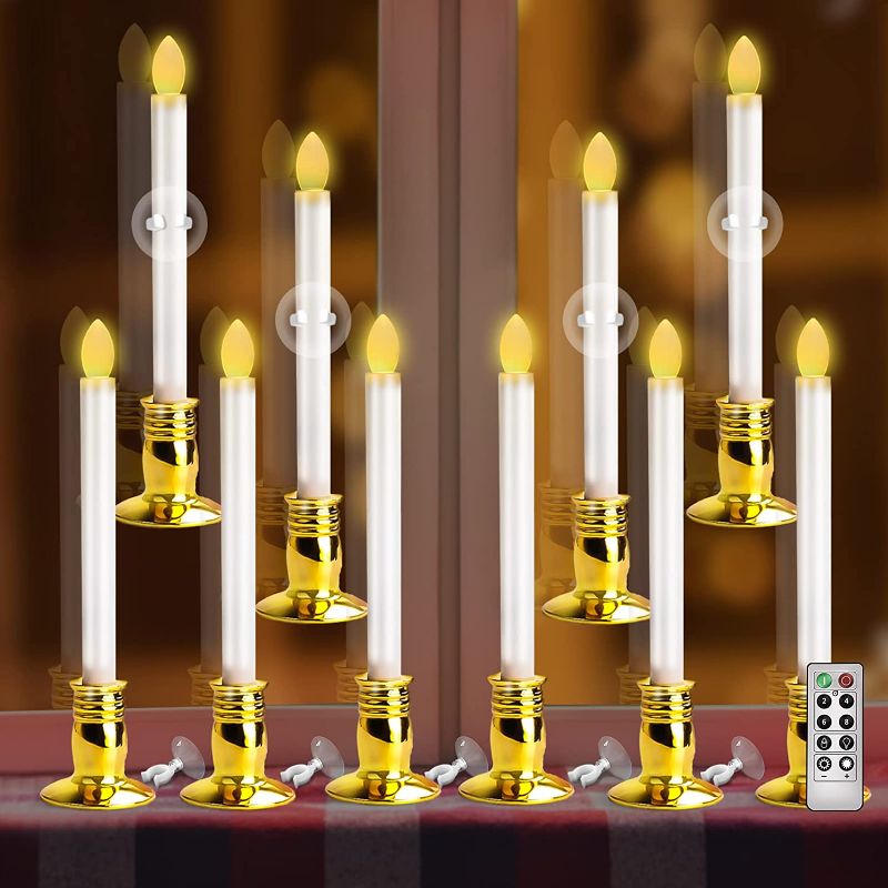 Photo 1 of  Battery Operated LED Windows Candles with Remote Timer, Removable Gold Candle Holder and Suction Cups, Flickering Flameless Taper Candles for Christmas Home Wedding Decoration