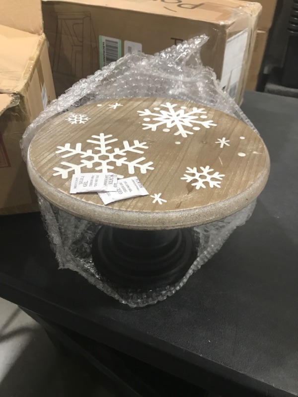 Photo 2 of 10-inch Round Wooden Cake Stand with Rustic Solid Wood and Black Pedestal Base with Hand-Carved Snowflake Design, Cupcake Holder for Christmas Party Dessert Table Centerpiece

