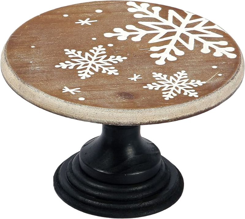 Photo 1 of 10-inch Round Wooden Cake Stand with Rustic Solid Wood and Black Pedestal Base with Hand-Carved Snowflake Design, Cupcake Holder for Christmas Party Dessert Table Centerpiece
