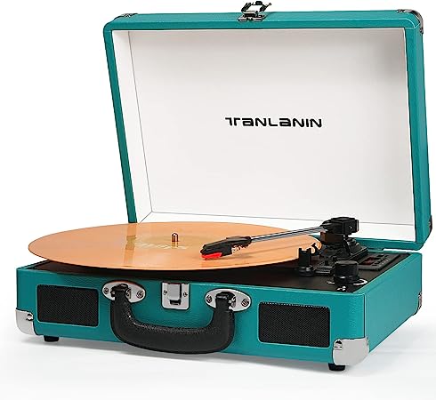 Photo 1 of (READ COMMENTS) Vintage Bluetooth Portable Suitcase Record Player Turntable 3-Speed Belt-Driven LP Player with Built-in Speakers USB Recording AUX in RCA Line Out Headphone Jack, Upgraded Audio Sound, Coral Blue
