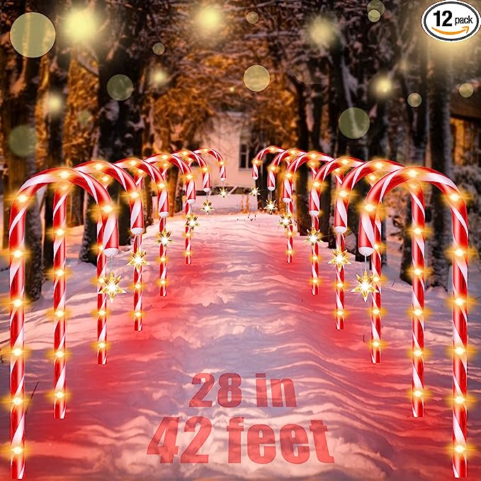 Photo 1 of 28” Candy Cane Lights Outdoor Pathway, 42 Feet in Total Length with 12 Pack Candy Cane Pathway Lights with Shiny Star for Outside Christmas Decorations, 10 LED Lights in Each Light Up Candy Canes
