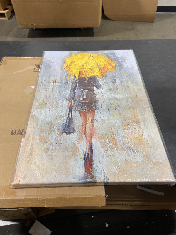 Photo 2 of Abstract Canvas Painting A Rainy Walk Girl with Yellow Umbrella Wall Art Modern Artwork for Office Home Decoration Yellow Umbrella 16 x 24 inch