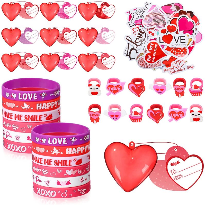 Photo 1 of 190 Pack Valentines Day Party Favors Rubber Bracelet Pre Filled Hearts Box Exchange Cards Stickers Ring Valentines Day Gifts 