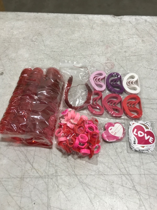 Photo 2 of 190 Pack Valentines Day Party Favors Rubber Bracelet Pre Filled Hearts Box Exchange Cards Stickers Ring Valentines Day Gifts 